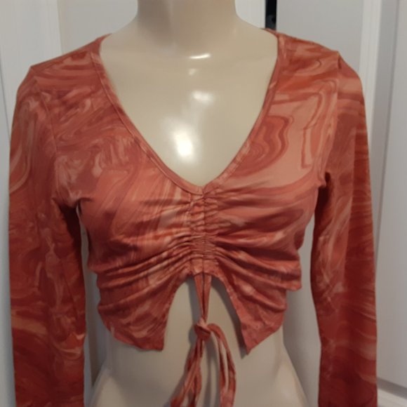 Tops - Orange Marbled Cinch Front Top Cropped